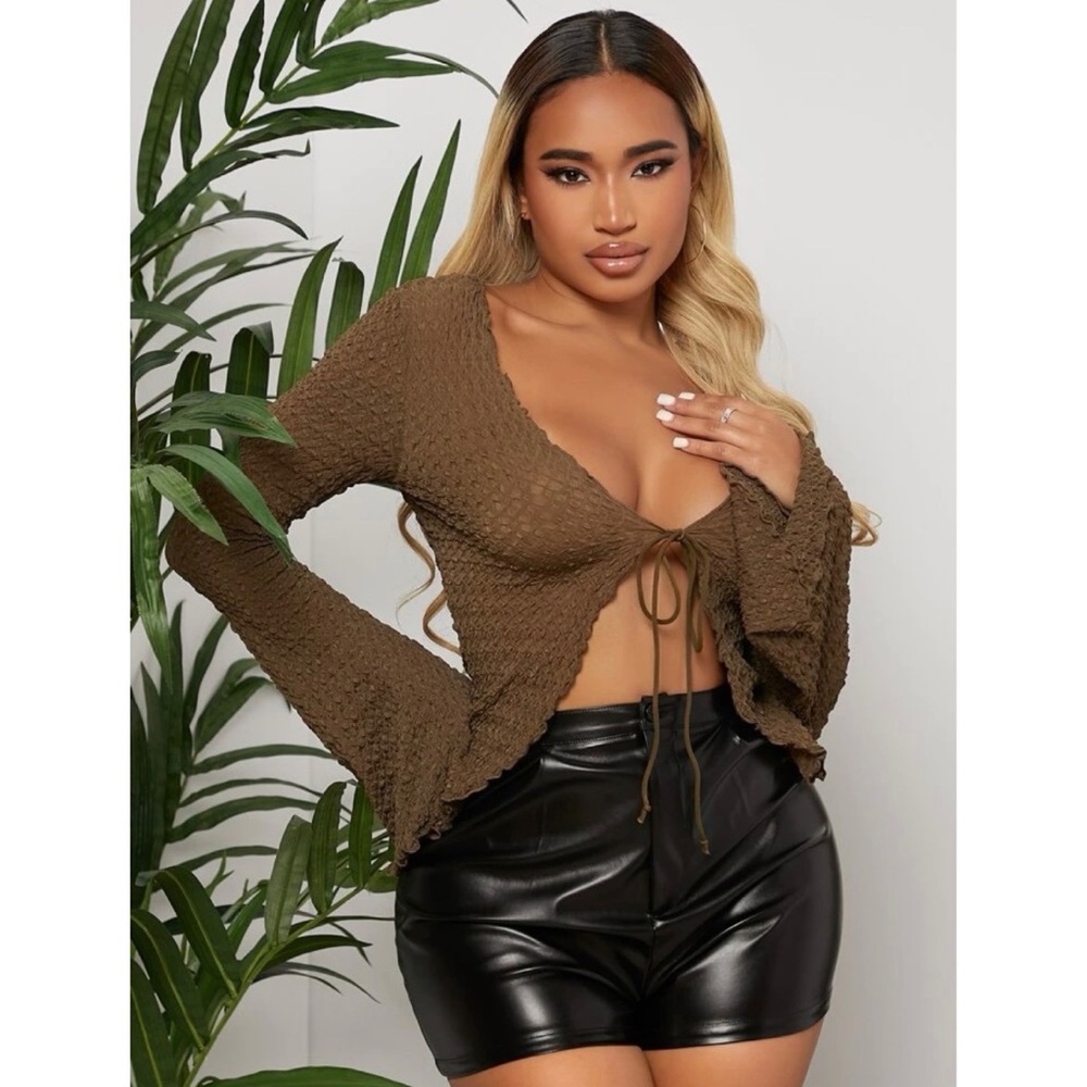 SHEIN SXY Solid Flounce Sleeve Tie Front Tee